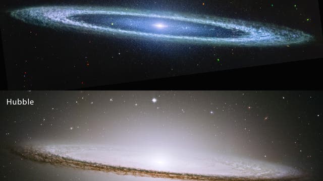 Infrarotbild der Spiralgalaxie Messier 104 oben im Infraroten, darunter ein Bild des Weltraumteleskops Hubble im Visuellen.