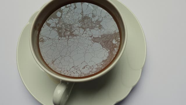 In einer Tasse Schwarztee wird das Grau des bedeckten Himmels von einem feinen, glatten Belag reflektiert