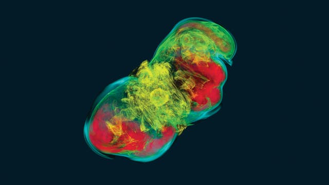In dieser Simulation ist dargestellt, wie ein schnell rotierender Neutronenstern im Zentrum einer Supernova mit seiner magnetischen Energie die Trümmerwolke auseinandertreibt