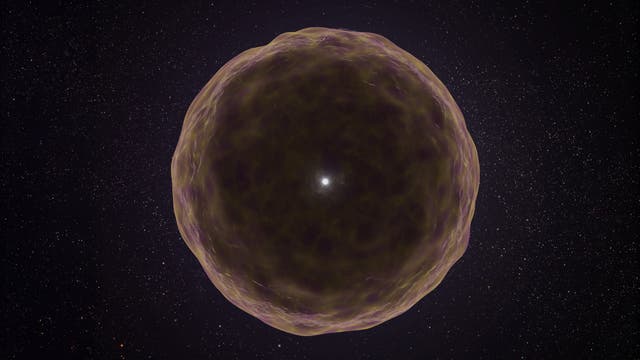 Eine künstlerische Darstellung eines astronomischen Phänomens im Weltraum. Im Zentrum des Bildes befindet sich ein heller Lichtpunkt, umgeben von einer großen, kugelförmigen Struktur mit einer wolkigen, violetten Textur. Der Hintergrund zeigt einen sternenübersäten Nachthimmel. Das Bild vermittelt den Eindruck eines kosmischen Ereignisses, möglicherweise einer Supernova oder eines Nebels. Schlüsselwörter: Astronomie, Weltraum, kosmisches Ereignis, Supernova, Nebel.