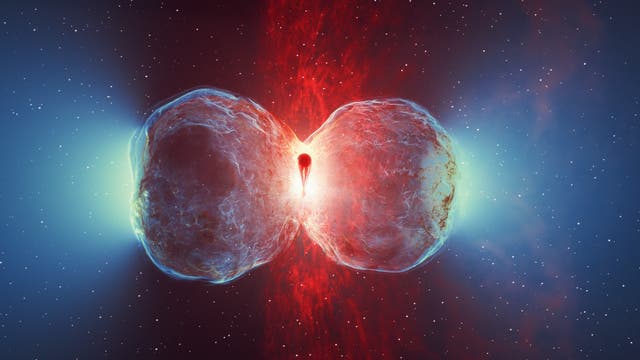 Zwei gigantische farbenfrohe Gasblasen erstrecken sich ins Weltall.