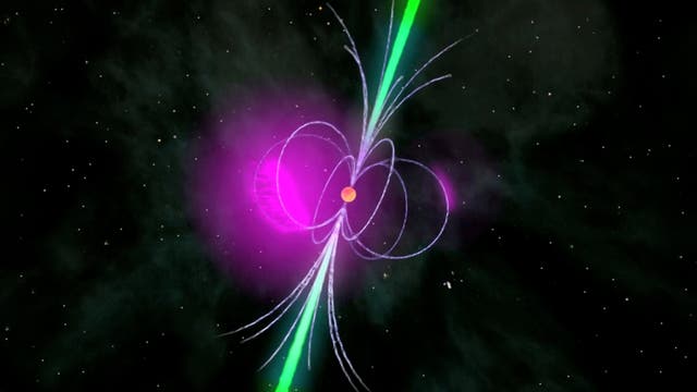 Gammapulsar mit Radiowellen (grün) und Gammastrahlen (violett)