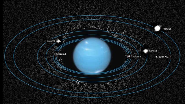 Das innere Neptunsystem, abgelichtet mit der Wide Field Camera 3 des Weltraumteleskops Hubble