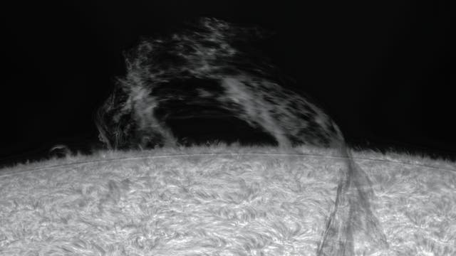 Eine Sonnenprotuberanz erstreckt sich über den Sonnenrand hinweg.