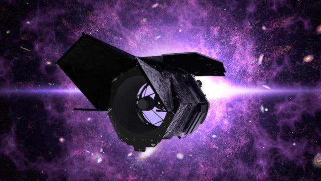 Ein Weltraumteleskop schwebt im All vor einem Hintergrund aus violetten und rosa Galaxien und Nebeln. Das Teleskop ist detailliert dargestellt, mit einem großen Hauptspiegel und einer rechteckigen Struktur.