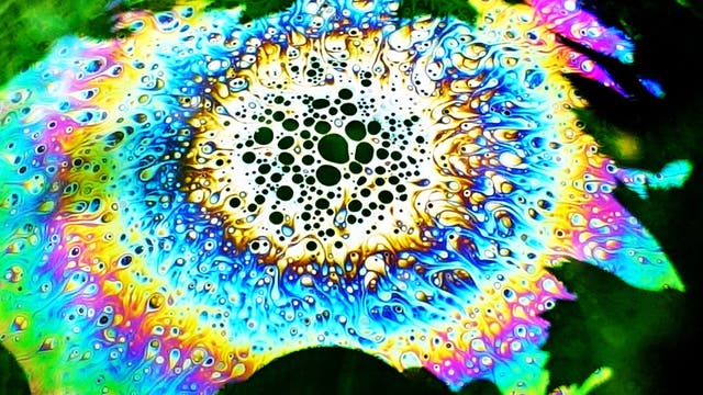 Auf einer Seifenblase zeigen sich inmitten der farbigen Interferenzringe runde, dunkle Bereiche 