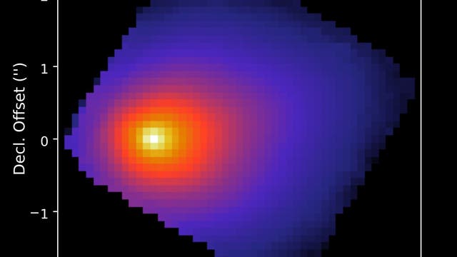 Infrarotbild des James Webb Space Telescope (JWST) vom 6. August 2025, das eine astronomische Beobachtung zeigt. Die Abbildung zeigt eine farbige Darstellung mit einem zentralen, hellen Bereich in Gelb und Rot, der von einem blauen Hintergrund umgeben ist. Die Achsen sind mit "RA Offset" und "Decl. Offset" in Bogensekunden beschriftet. Ein weißer Kreis mit der Beschriftung "S, v" befindet sich links unten. Das Bild veranschaulicht die Intensität der Infrarotstrahlung in einem bestimmten Himmelsbereich.