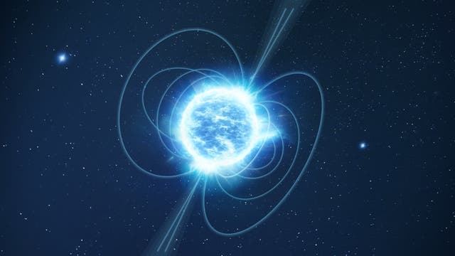 Künstlerische Darstellungs eines Neutronensterns als blaue Kugel vor einem Hintergrund im Weltraum voller leuchtender Sterne. Um die blaue Kugel herum befinden sich blaue Linien, die Magnetfeldlinien andeuten sollen. Schnell rotierende Neutronensterne werden als Pulsare bezeichnet. 