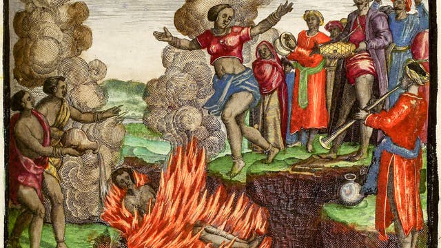Illustration einer Witwenverbrennung um 1598