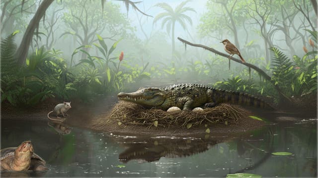 Illustration einer tropischen Sumpflandschaft mit einem Krokodil, das auf einem Nest mit Eiern ruht. Ein Vogel sitzt auf einem Ast über dem Wasser, während ein Beuteltier am Ufer steht. Im Hintergrund sind dichte Vegetation und Bäume zu sehen, die eine ruhige, natürliche Umgebung schaffen.