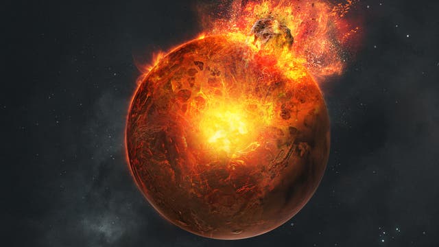 Eine künstlerische Darstellung eines astronomischen Ereignisses, bei dem ein Meteorit mit einem Planeten kollidiert. Der Planet zeigt eine leuchtend orange-rote Oberfläche mit einem großen, hellen Explosionspunkt, der Flammen und glühende Partikel in den Weltraum schleudert. Der Hintergrund ist ein dunkler, sternenbedeckter Himmel, der die Weite des Universums andeutet.