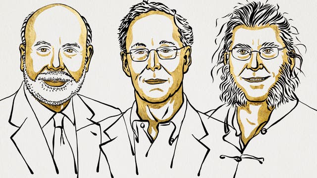 Porträts der drei Wirtschaftsnobel-Preisträger Ben Bernanke, Douglas Diamond und Philip Dybvig.