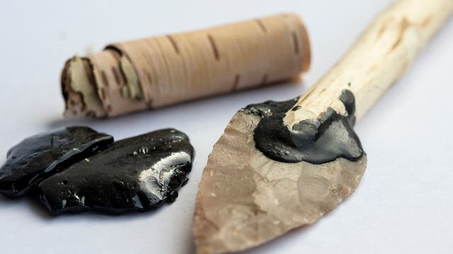 Ein prähistorischer Speer mit einer Spitze aus geschliffenem Stein, befestigt an einem Holzschaft mit schwarzem Birkenpech. Neben dem Speer liegt ein Stück Birkenrinde und zwei Kleckse Birkenpech auf einer weißen Oberfläche.