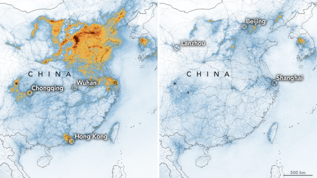 Stickstoffdioxid-Dichte über China: links im Januar 2020, rechts im Februar 2020