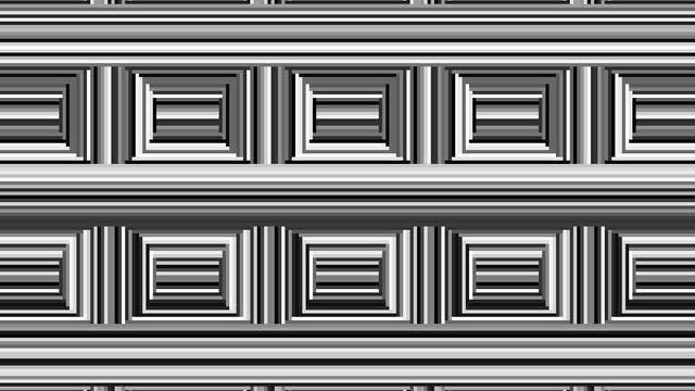 Die Coffer-Illusion ist eine optische Täuschung. Sie zeigt ein schwarz-weißes geometrisches Muster mit vertikalen Streifen, die in regelmäßigen Abständen durch runde und rechteckige Formen unterbrochen werden. Die Streifen variieren in Breite und Schattierung, was einen optischen Effekt erzeugt. 