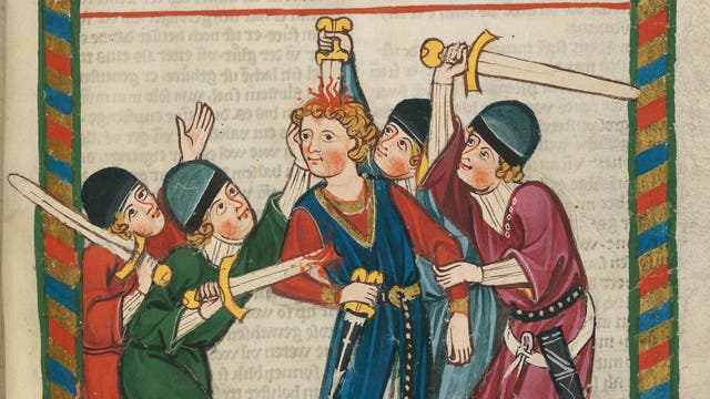 Eine mittelalterliche Illustration zeigt fünf Männer in bunter Kleidung, die Schwerter tragen. Einer der Männer stößt dem Mann in der Mitte sein Schwert in den Kopf, während ein anderer ihm sein Schwert in die Brust stößt. Die Szene ist an den Seiten von einem bunten Rahmen umgeben.