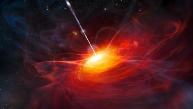 Schwarzes Loch mit einströmendem Gas und Gasstrahl