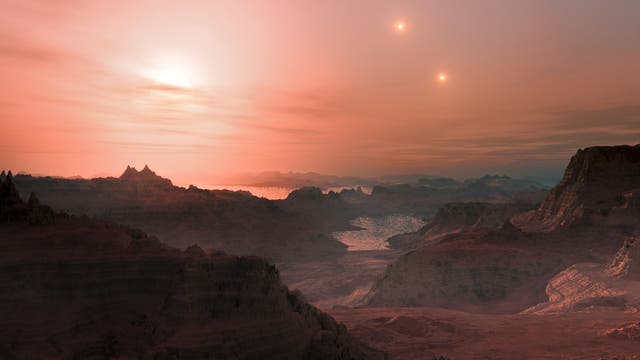 Künstlerische Darstellung eines Sonnenunterganges auf dem Exoplaneten Gliese 667Cc