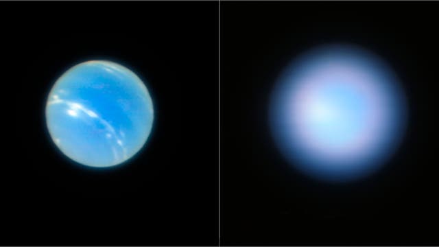 Neptun aufgenommen mit dem VLT - links mit, rechts ohne Adaptive Optik