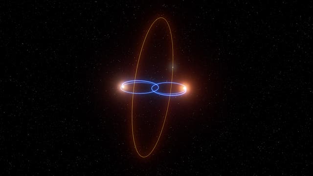 Eine künstlerische Darstellung des Weltraums mit zwei leuchtenden, ineinander verschlungenen blauen Ringen und einem großen, vertikalen, orangefarbenen Ring, der die beiden umgibt. Der Hintergrund ist mit zahlreichen kleinen Sternen übersät.