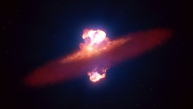 Eine Illustration eines astronomischen Ereignisses im Weltraum. Im Zentrum des Bildes befindet sich eine leuchtende Explosion, die von einer rot-orangefarbenen Wolke umgeben ist. Diese Wolke erstreckt sich horizontal und bildet eine Scheibe. Die Explosion strahlt helles Licht aus, das in verschiedenen Farbtönen von Weiß bis Rosa leuchtet. Der Hintergrund ist ein dunkler Weltraum mit verstreuten Sternen. Das Bild vermittelt den Eindruck einer gewaltigen kosmischen Explosion, möglicherweise eine Supernova oder ein ähnliches Phänomen.