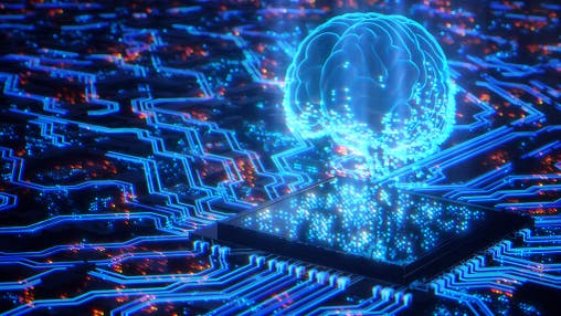 Eine leuchtende, digitale Darstellung eines Gehirns schwebt über einem Mikrochip, umgeben von einem Netzwerk aus blauen und orangefarbenen Schaltkreisen. Das Bild symbolisiert künstliche Intelligenz und neuronale Netzwerke. Es gibt keinen sichtbaren Text oder eine verknüpfte URL.