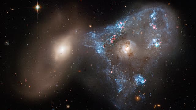 Eine spektakuläre Frontalkollision zwischen zwei Galaxien hat eine ungewöhnliche dreieckige Sterngeburt ausgelöst, die auf einem neuen Bild des Hubble-Weltraumteleskops der NASA zu sehen ist.