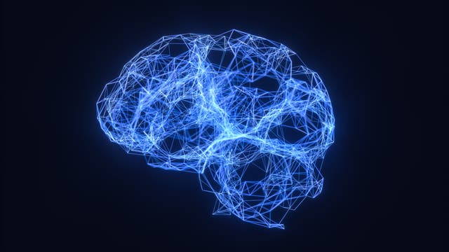 Blaues Gehirn aus weißen geometrischen Linien vor schwarzem Hintergrund