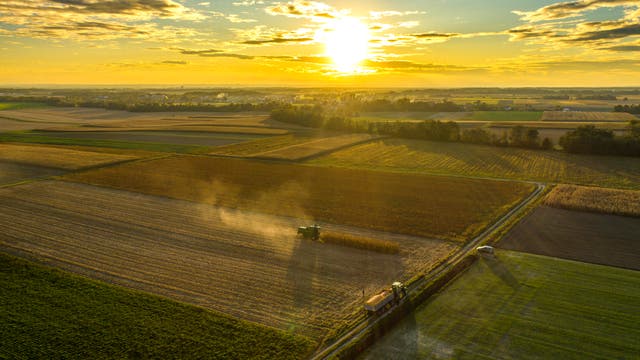 Eine Agrarische Landschaft aus der Luft, mit tiefstehender Sonne im Hintergrund.