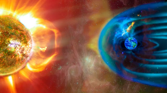 Eine sehr bunte, aber hübsche Darstellung, die eine Sonne samt Corona und die Erde samt Magnetfeldlinien zeigt.