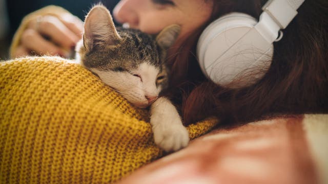 Frau kuschelt mit Katze und hört dabei Musik