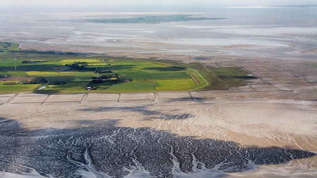Luftbild der flachen Nordspitze von Pellworm mit umgebendem Watt.