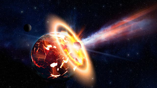 Ein großer Asteroid trifft einen Planeten mit Magmaozean.