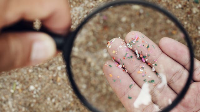 Eine Hand hält eine Lupe, darunter zu sehen eine andere Hand mit bunten kleinen Stückchen von Mikroplastik. Im Hintergrund Sand