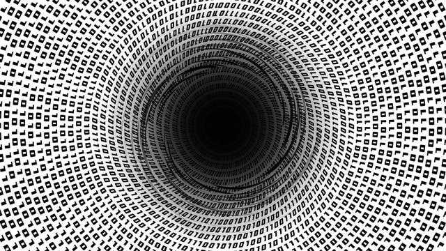 Grafische Darstellung eines schwarzen Loches, das Binärdaten verschlingt.