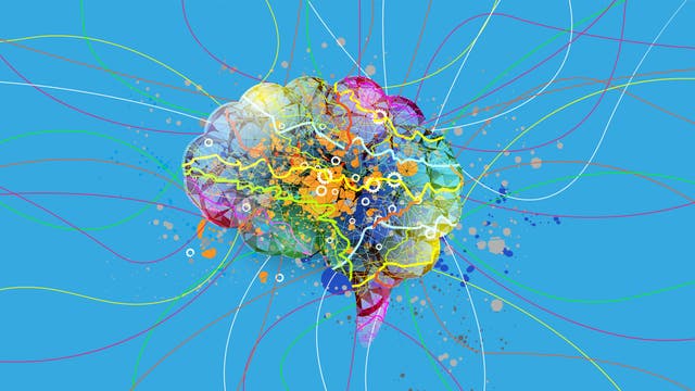 Ein Gehirn mit vielen bunten Farbkleksen