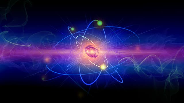 ein illustriertes, von Licht bestrahltes Atom