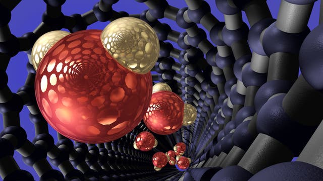 Ein spiegelndes Wassermolekül in einer schwarz-blauen Kohlenstoffnanoröhre.