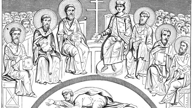 Arian vor Konstantin beim Ersten Konzil von Nikäa.