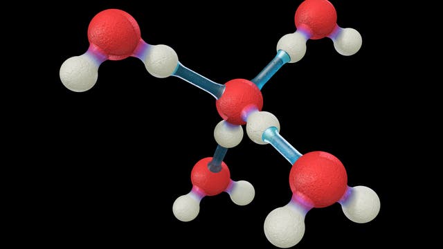 Chematische Wasserstoffbrückenbindungen zwischen fünf Wassermolekülen in hexagonalem Eis.