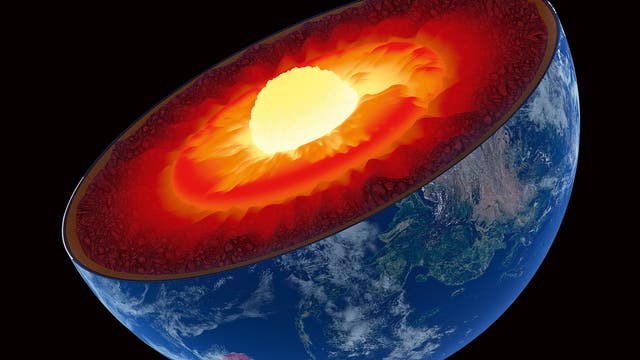 3D-Darstellung eines Querschnitts der Erde, der die verschiedenen Schichten zeigt. Die äußere Schicht ist die Erdkruste, gefolgt vom Mantel, der in leuchtenden Rottönen dargestellt ist. Im Zentrum befindet sich der Erdkern, der in einem hellen Gelb leuchtet. Die Oberfläche der Erde zeigt Kontinente und Ozeane. Diese Abbildung veranschaulicht die innere Struktur der Erde und die unterschiedlichen geologischen Schichten.