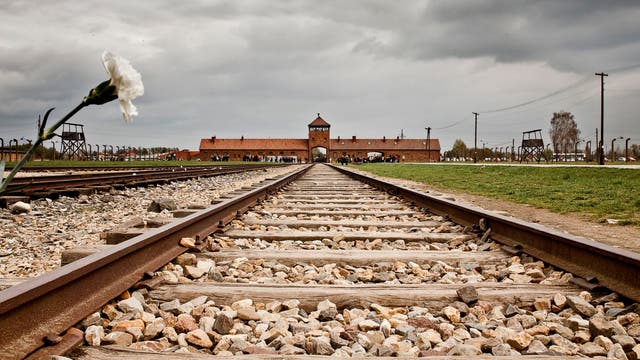Bahngleise ins ehemalige Konzentrationslager Auschwitz-Birkenau (2014)