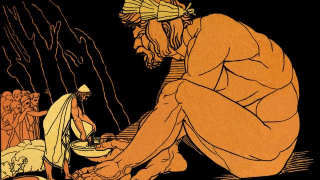 Eine antikisierende Illustration zeigt eine Szene aus der griechischen Mythologie. Ein großer, sitzender Zyklop mit einem Tuch um den Kopf beobachtet eine Gruppe von Menschen. Einer der Menschen, in einem antiken Gewand, reicht dem Zyklopen eine Schale. Im Hintergrund sind weitere Personen und ein Schaf zu sehen. Die Szene spielt in einer Höhle.
