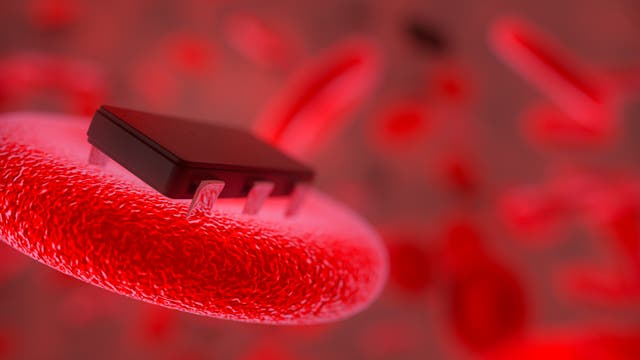 Bioimplantat-Fantasie: Ein rotes Blutkörperchen trägt eine Art Chip. Wichtig scheint auch hier eine funktionierende Schnittstelle zwischen Elektronik und Biologie zu sein. 