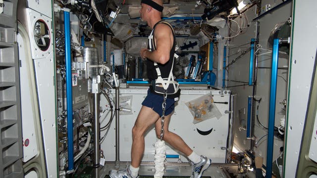ESA-Astronaut Luca Parmitano trainiert auf einem Laufband in der Schwerelosigkeit.
