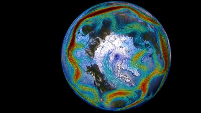 Darstellung der Erde mit Fokus auf die Arktis, umgeben von farbigen Linien, die atmosphärische Strömungen und Jetstreams visualisieren. Die Linien sind in Blau-, Grün- und Rottönen gehalten, was auf unterschiedliche Windgeschwindigkeiten hinweist. Der Hintergrund ist schwarz, um die Erde hervorzuheben.