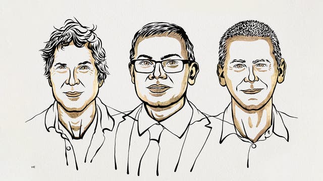 Zeichnung von David Baker, Demis Hassabis und John Jumper