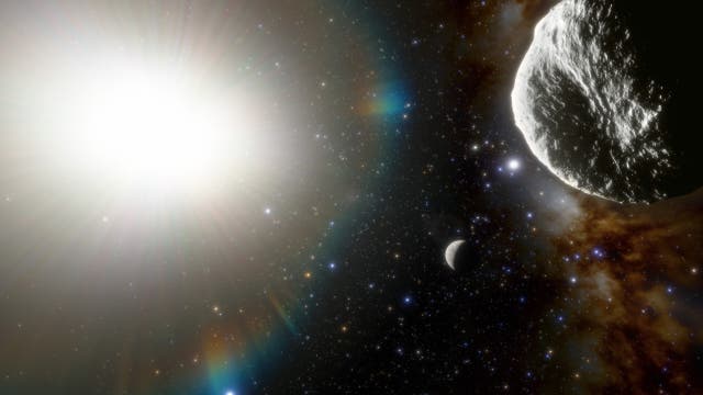 Illustration des Asteroiden 2021 PH27, rechts im Bild. In der Mitte ist der Planet Merkur wiedergegeben, links die Sonne.