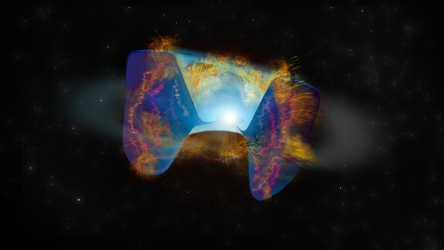 Die sich schnell bewegenden Trümmer einer Supernova, die durch eine Sternkollision ausgelöst wurde, prallen auf Material, das zuvor herausgeschleudert wurde. De Erschütterungen verursachen helle Radioemissionen.