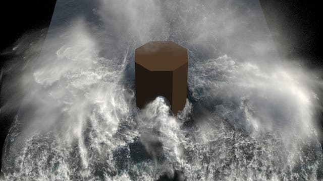Eine 3-D-Darstellung zeigt eine große, braune, digital erzeugte Struktur, die von aufgewühltem Wasser umgeben ist. Wellen brechen gegen die Struktur, wobei Gischt und Schaum sichtbar sind.